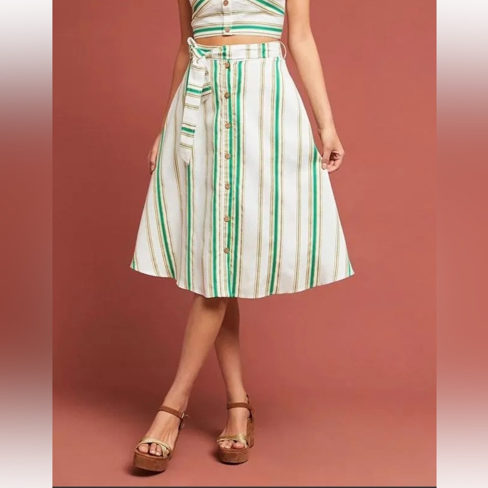 HUTCH ANTHROPOLOGIE Baracoa Striped Skirt Green Ivory Buttons Tie Size 00 New
